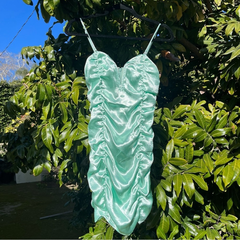 For Love & Lemons mint seafoam green satin‎ ruched bodycon sleeveless mini dress